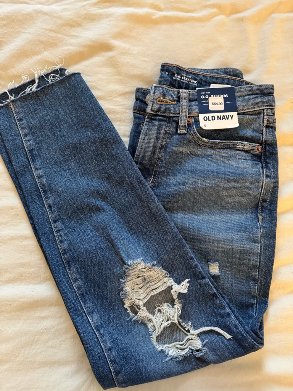 Old Navy Women's Dark Blue Distressed Straight Jeans